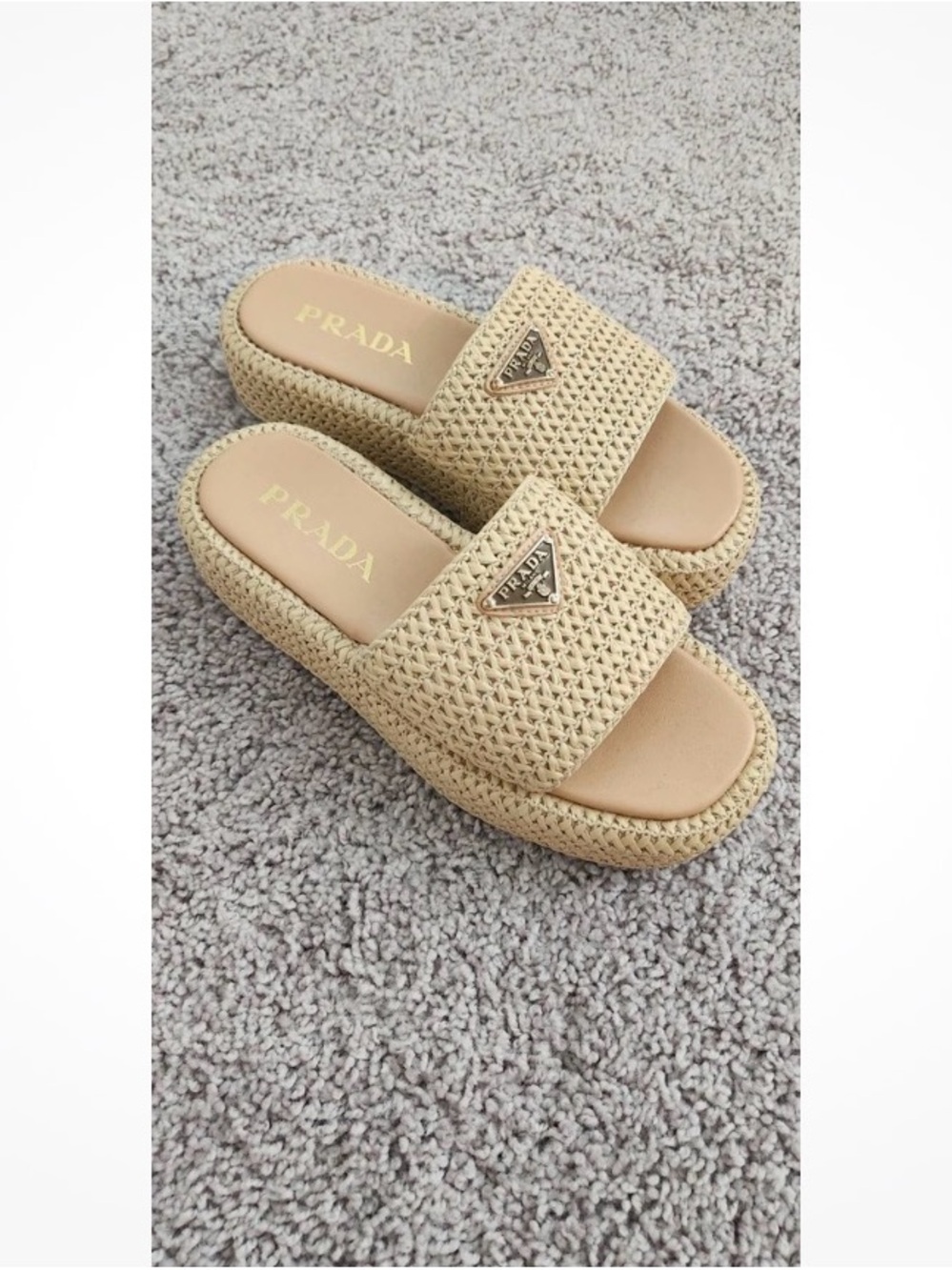 Prada Beige Woven Raffia Slide Mules with Metal Logo - Picture 4 of 4